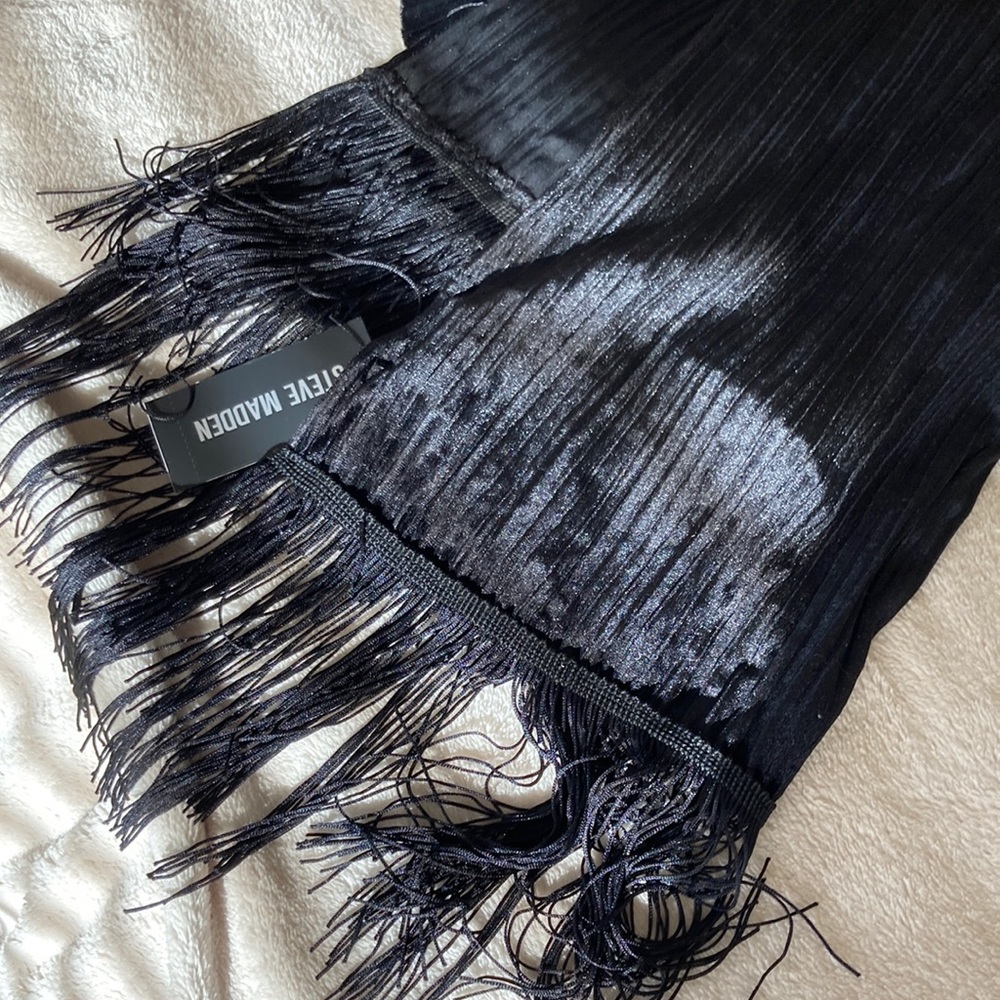Long black crushed velvet/tuxedo stripe wrap w/small pocket.